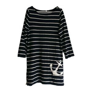 J Crew Shift Dress L Navy Blue Striped Knit Nautical Anchor Stretch Old Money
